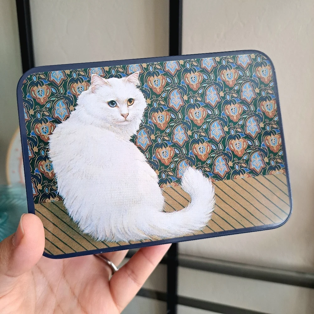 Vintage 80s Hallmark Springbok Cosmopolitan Cat Tin Metal Storage Box with Lid